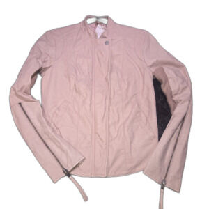 Free People Vegan Leather Moto Jacket Zipper Sleeves Blush Pink Knit Trim Size 6